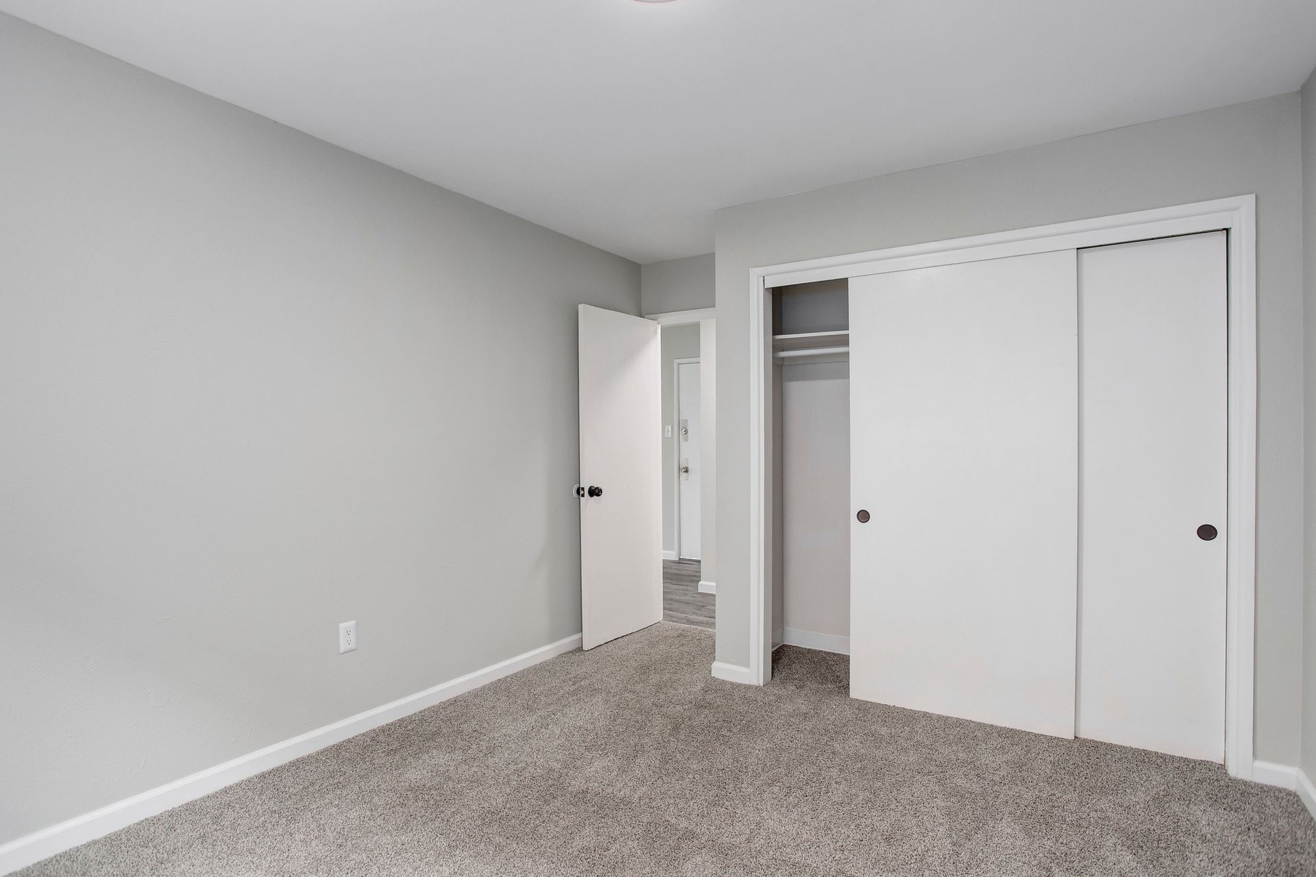 an empty bedroom with a closet and a carpeted floor .
