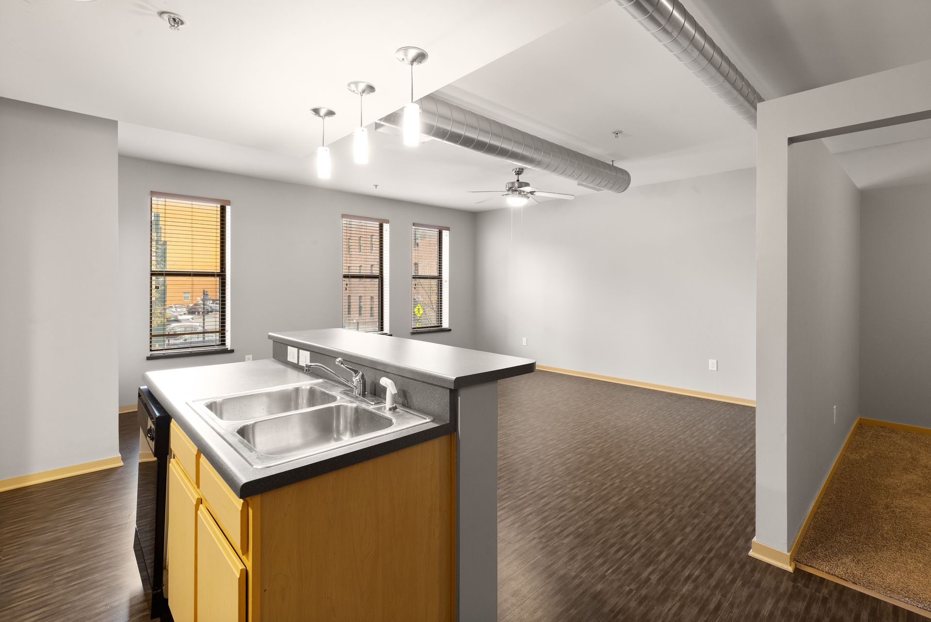 an empty apartment with a kitchen and two sinks .