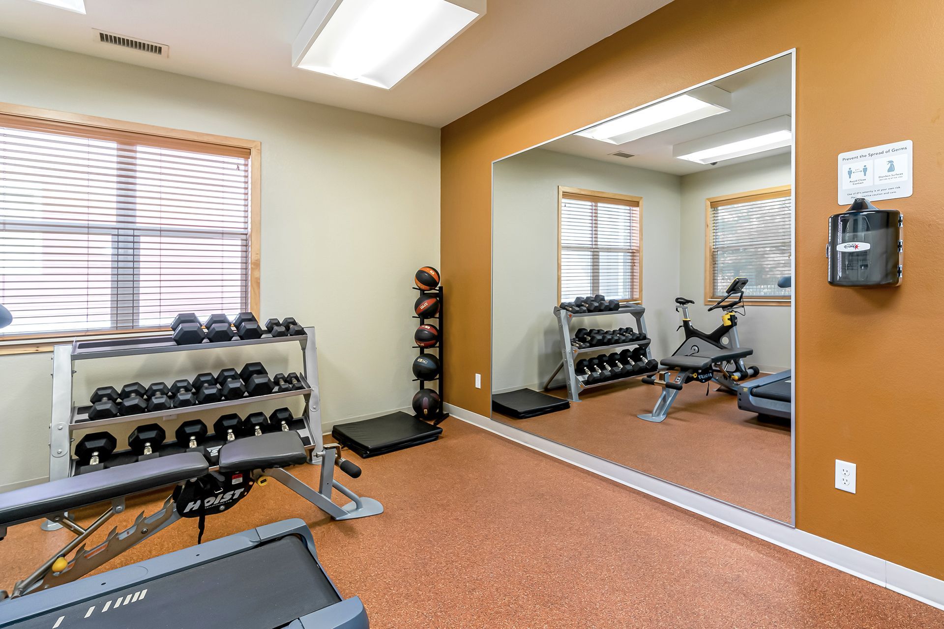 a gym with a treadmill , dumbbells , and a large mirror .