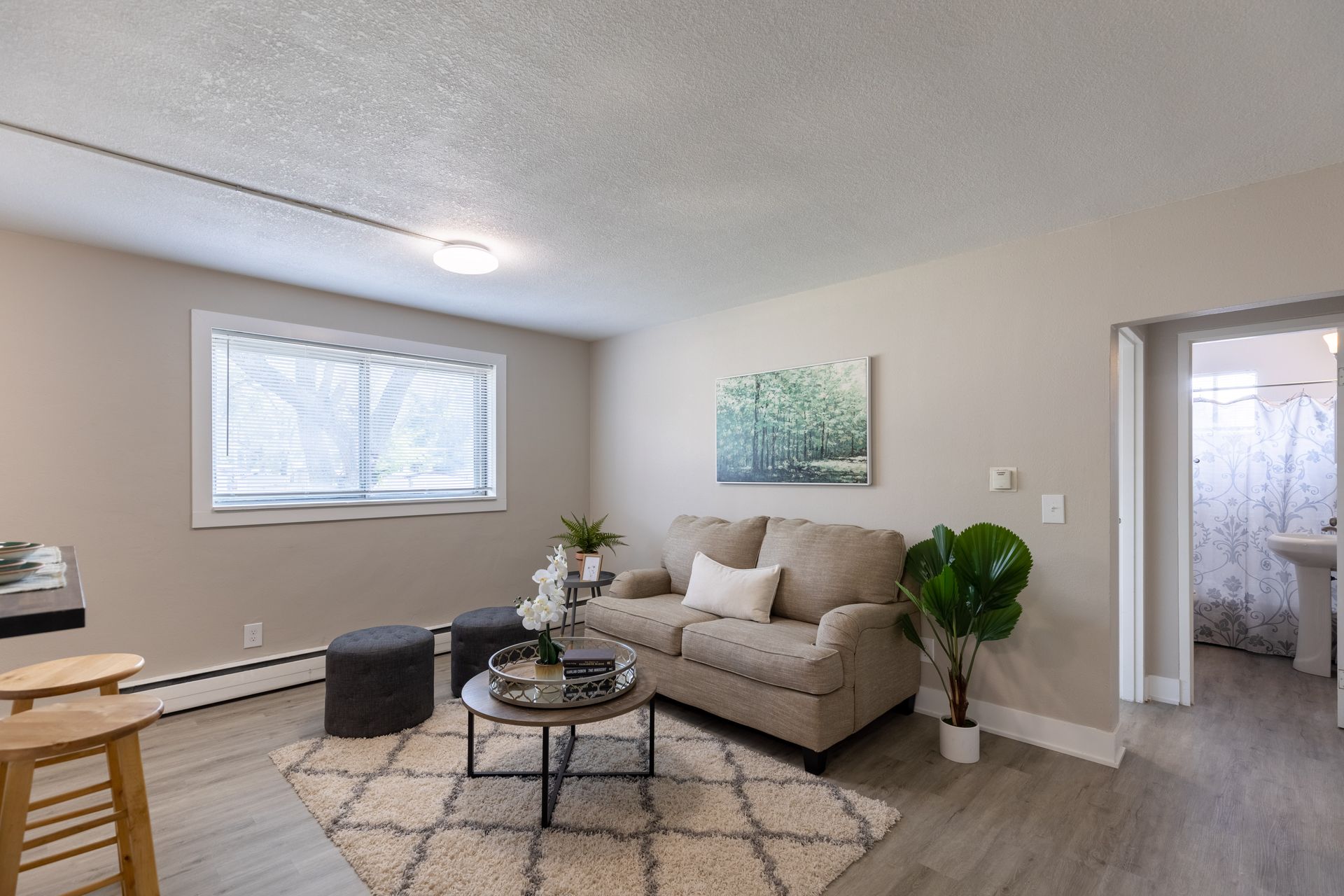 a living room with a couch and a coffee table