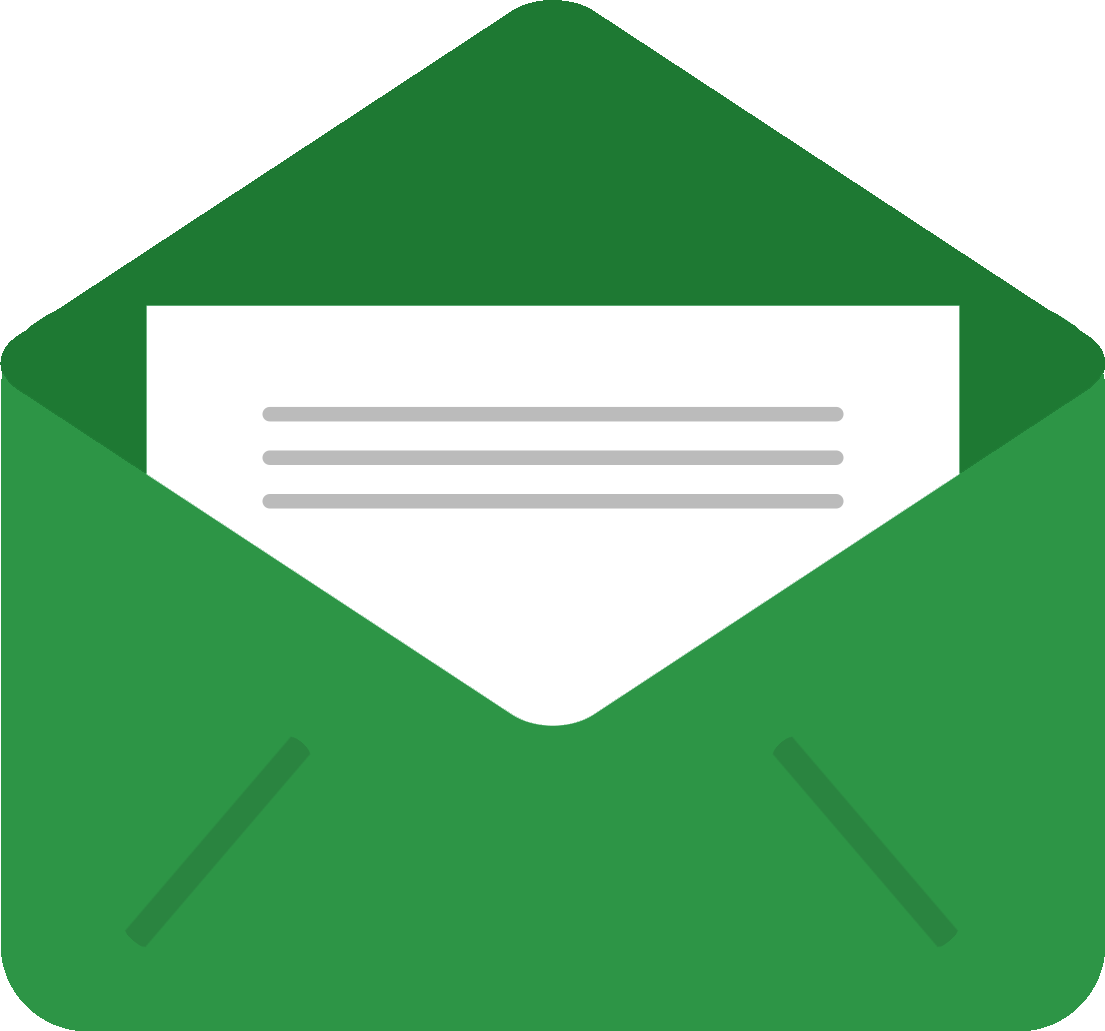 Green envelope open with white paper inside, showing lines of text.