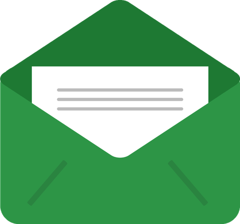 Green envelope open with white paper inside, showing lines of text.