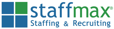 Logo of Staffmax Staffing & Recruiting. A blue and green block design with text.