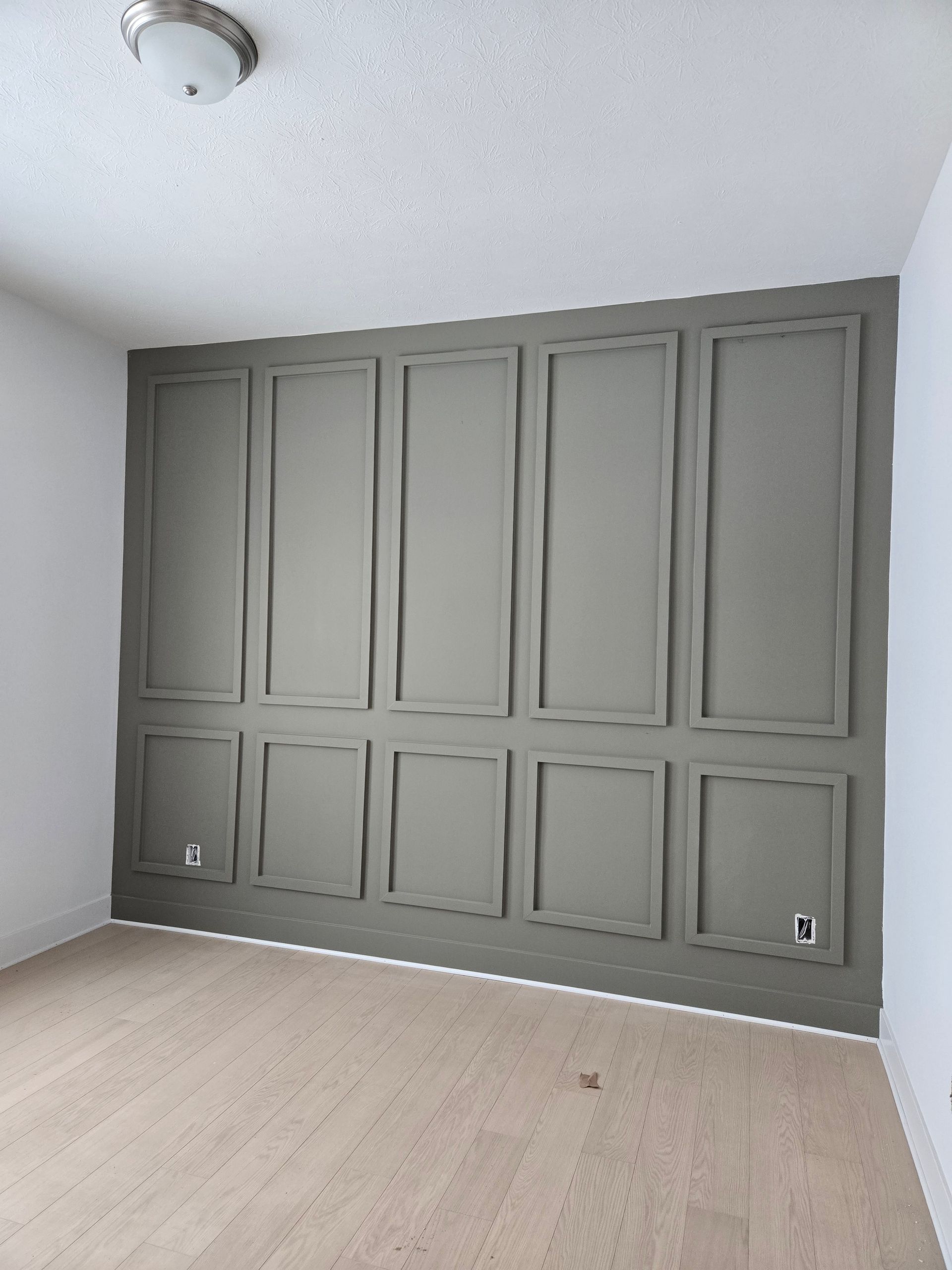 Empty room with sage green paneled accent wall and light wood flooring.