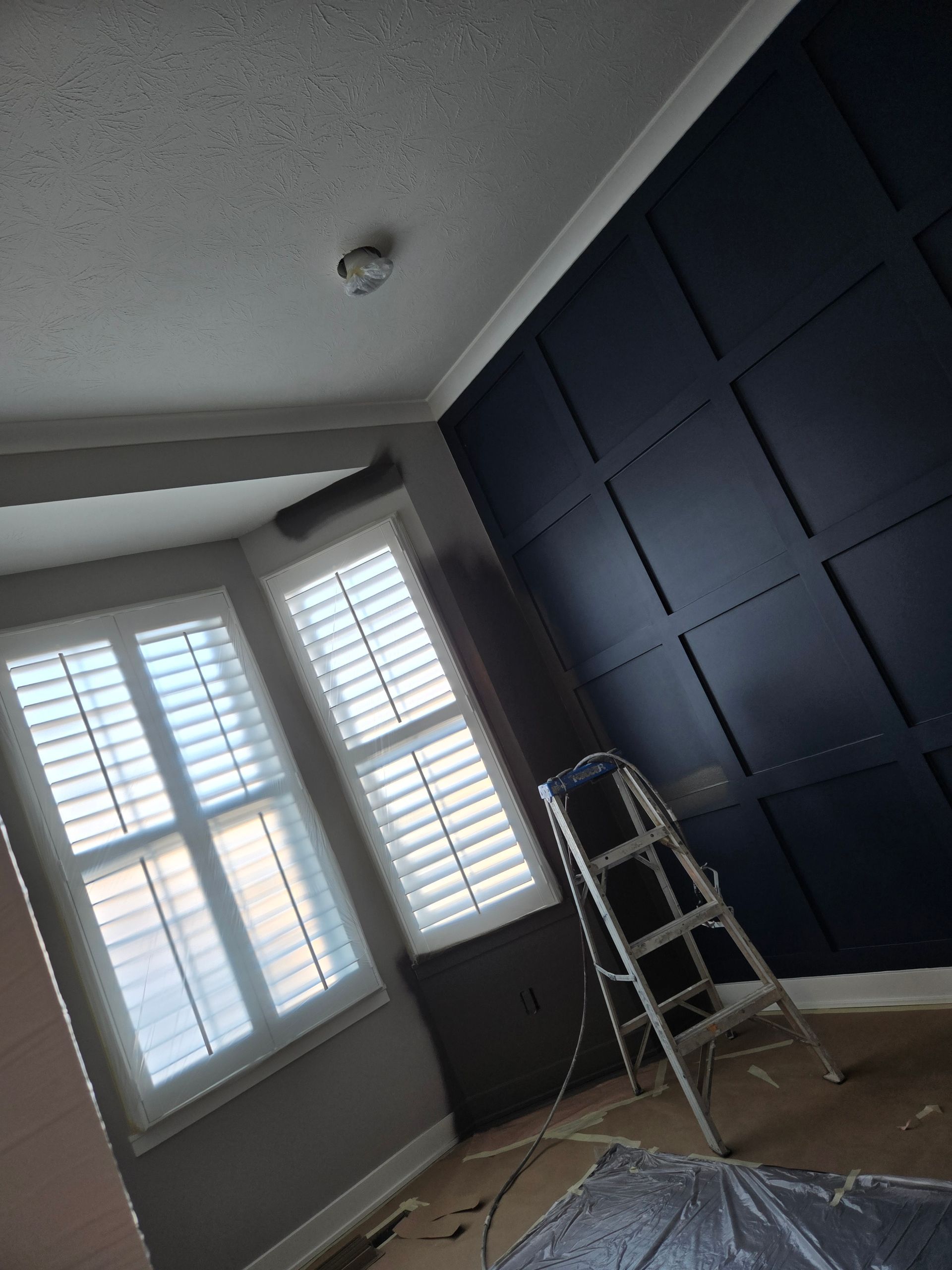 Room with blue paneled wall, white shutters, and a ladder.