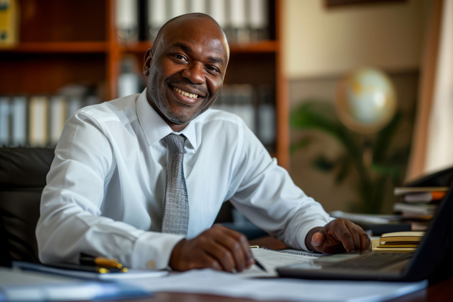Homme souriant à son bureau, chemise blanche et cravate, environnement de bureau avec ordinateur portable et livres.