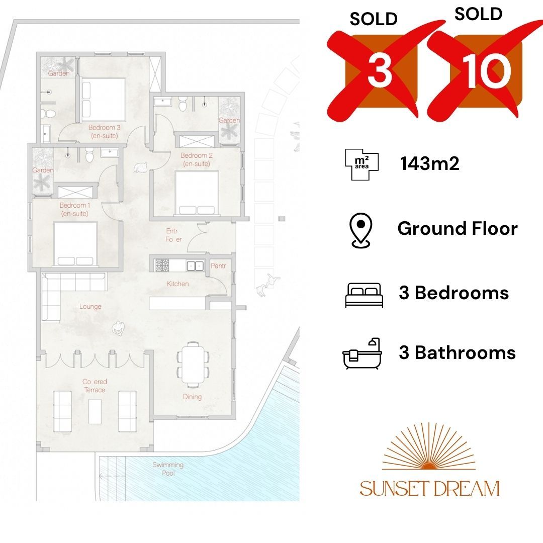 This thoughtfully designed floor plan offers a bright, open-concept living space ideal for vacation or long-term living. The layout includes:
• A spacious living and dining area that opens onto a private terrace — perfect for indoor-outdoor relaxation.
• A fully equipped kitchen, blending seamlessly with the living space.
• Two comfortable bedrooms, including a master suite with en-suite bathroom and built-in wardrobes.
• Two modern bathrooms, one of which is en-suite.
• Optional third bedroom or office in selected units.
• High ceilings and large windows for natural light and ventilation.