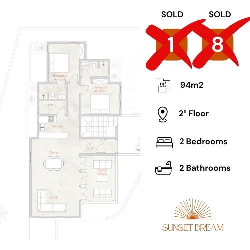 This thoughtfully designed floor plan offers a bright, open-concept living space ideal for vacation or long-term living. The layout includes:
• A spacious living and dining area that opens onto a private terrace — perfect for indoor-outdoor relaxation.
• A fully equipped kitchen, blending seamlessly with the living space.
• Two comfortable bedrooms, including a master suite with en-suite bathroom and built-in wardrobes.
• Two modern bathrooms, one of which is en-suite.
• Optional third bedroom or office in selected units.
• High ceilings and large windows for natural light and ventilation.