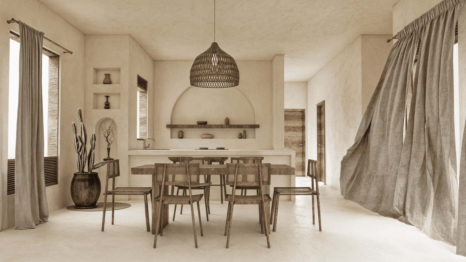 Bright, modern apartment interior with an open kitchen, wooden dining table, and large windows letting in natural light.