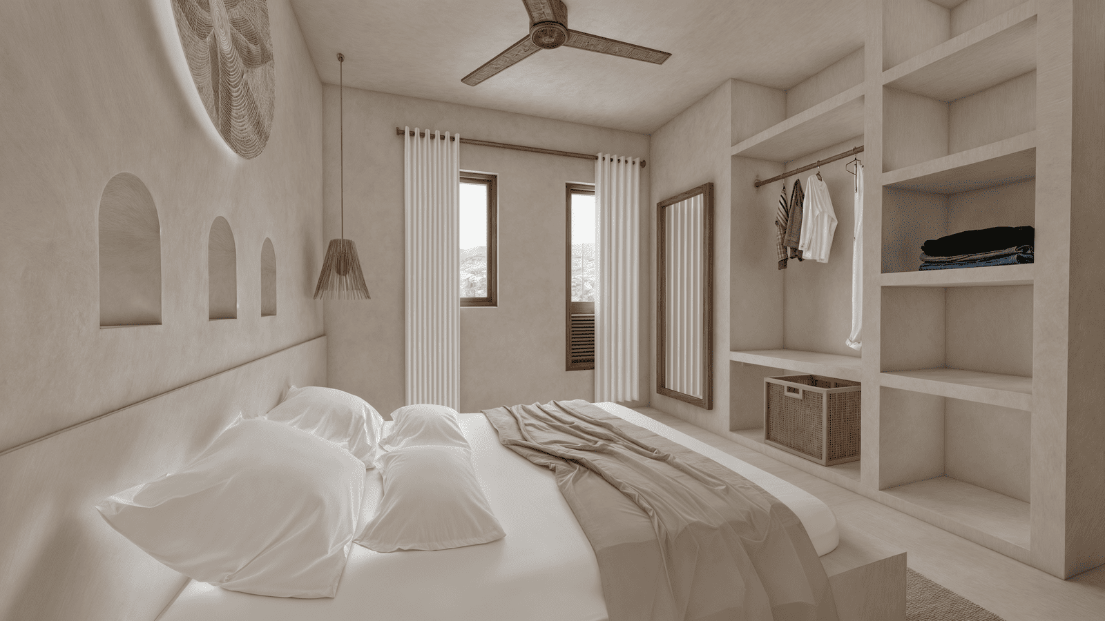 Bright and relaxing
double bedroom with tropical décor in a villa in Watamu