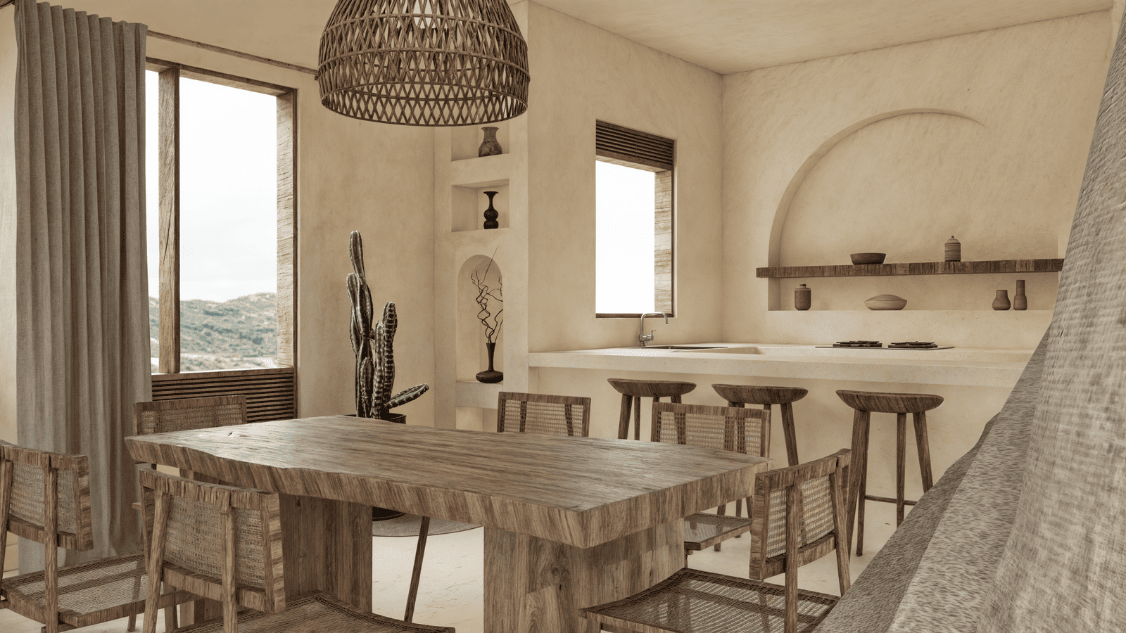 Bright, modern apartment interior with an open kitchen, wooden dining table, and large windows letting in natural light.