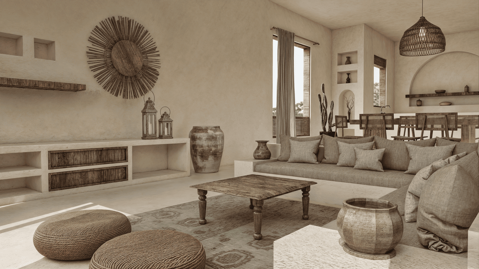 Bright, modern apartment interior with an open kitchen, wooden dining table, and large windows letting in natural light.