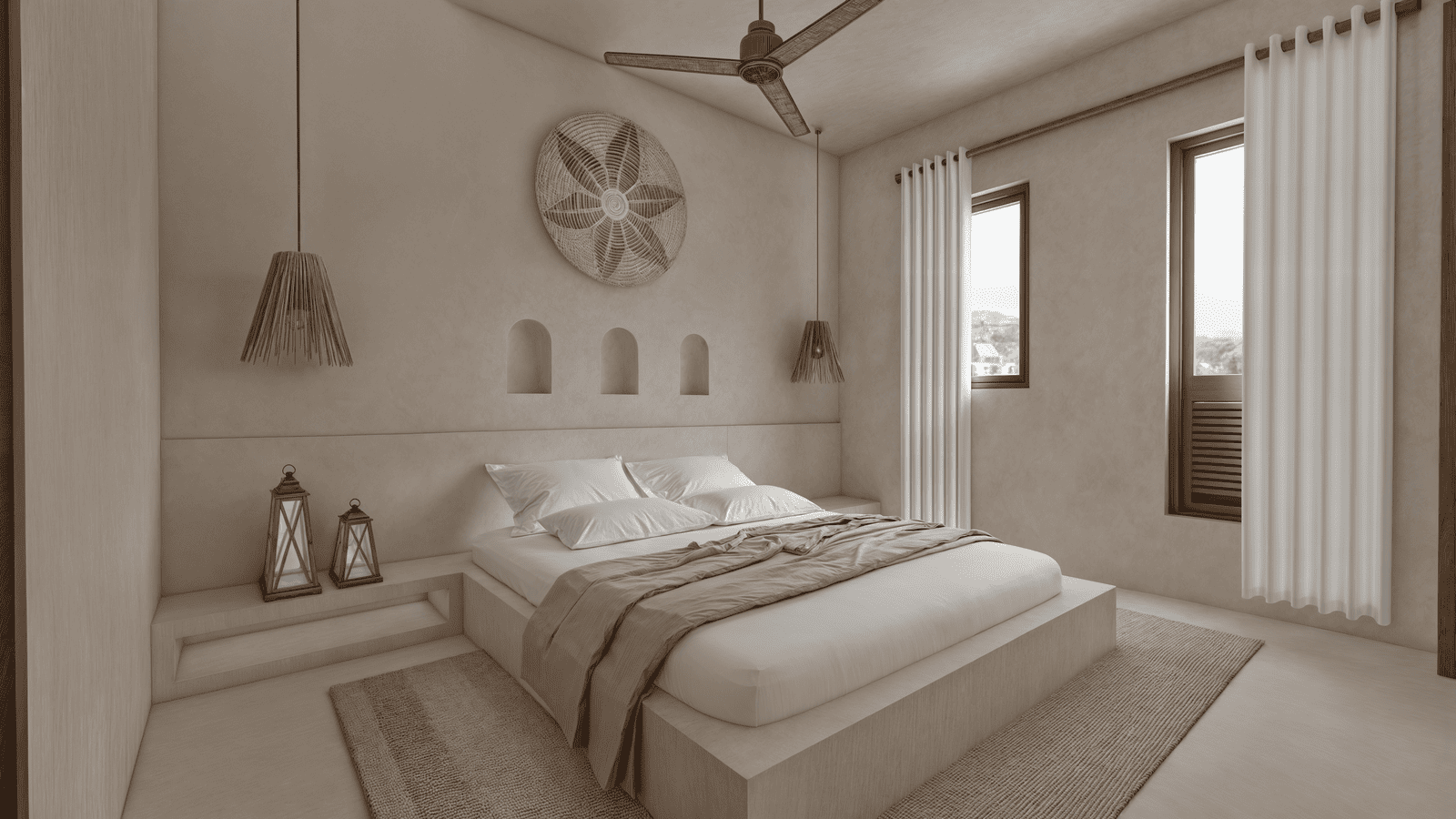 Bright double bedroom with tropical décor in a villa in Watamu