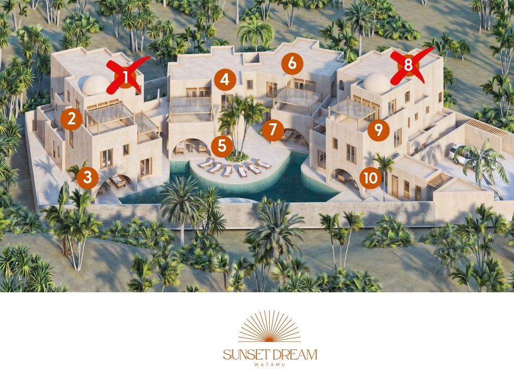 View of the residential complex under construction, featuring modern apartments and a multi-level structure surrounded by Watamu’s tropical nature.