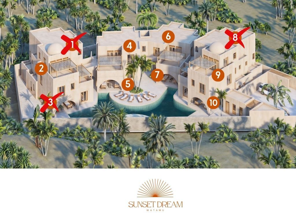 View of the residential complex under construction, featuring modern apartments and a multi-level structure surrounded by Watamu’s tropical nature.