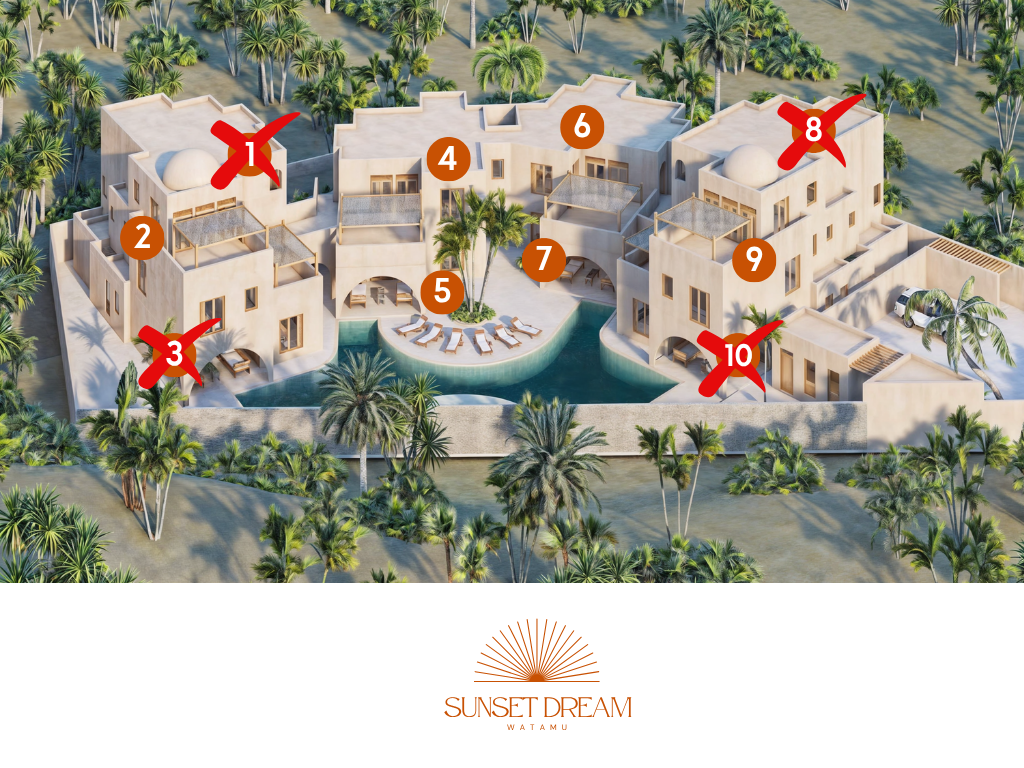 Rendering del complesso residenziale Sunset Dream Watamu con piscina centrale e appartamenti in stile mediterraneo in costruzione.