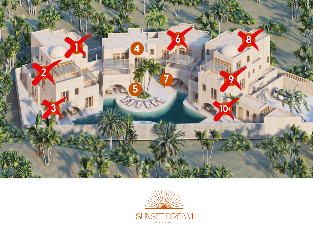 View of the residential complex under construction, featuring modern apartments and a multi-level structure surrounded by Watamu’s tropical nature.
