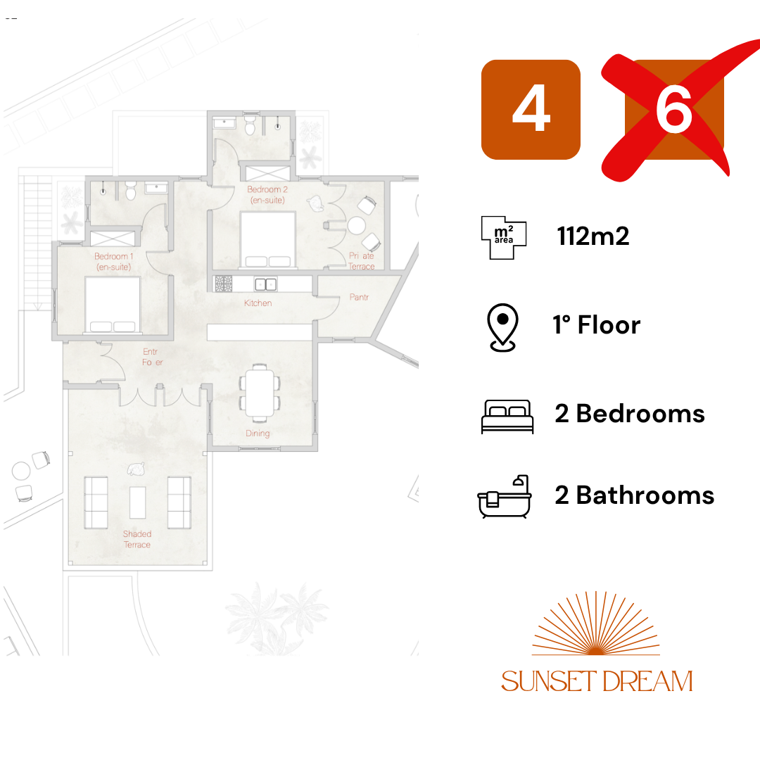 Appartamento in vendita a Watamu al primo piano con due camere e due bagni, cucina zona giorno e terrazza
