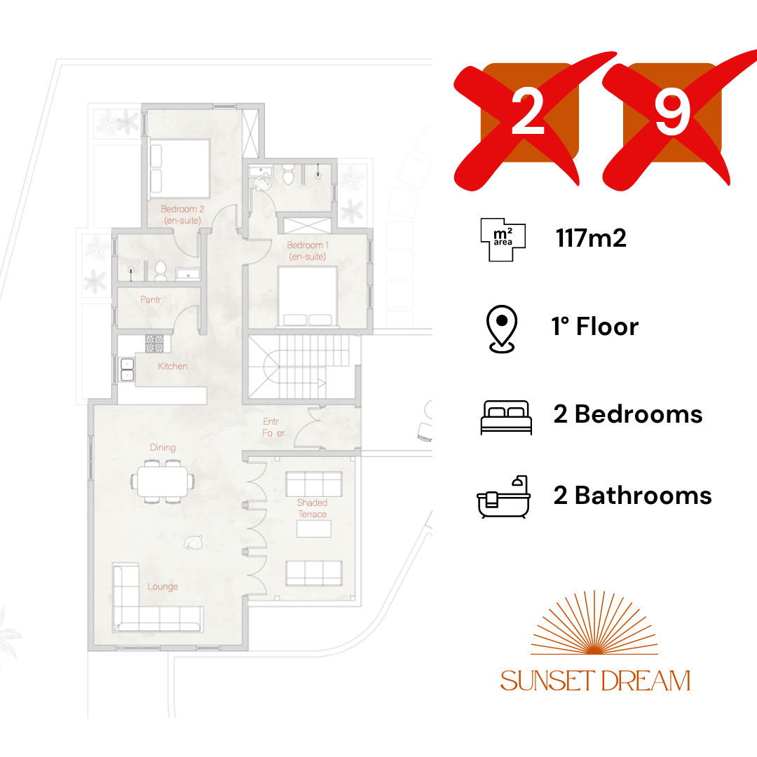 Appartamento in vendita a Watamu al primo piano con due camere e due bagni, cucina zona giorno e terrazza con ombra
