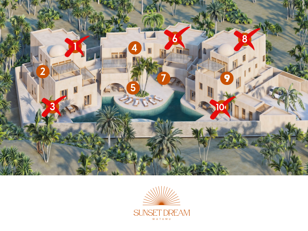 View of the residential complex under construction, featuring modern apartments and a multi-level structure surrounded by Watamu’s tropical nature.
