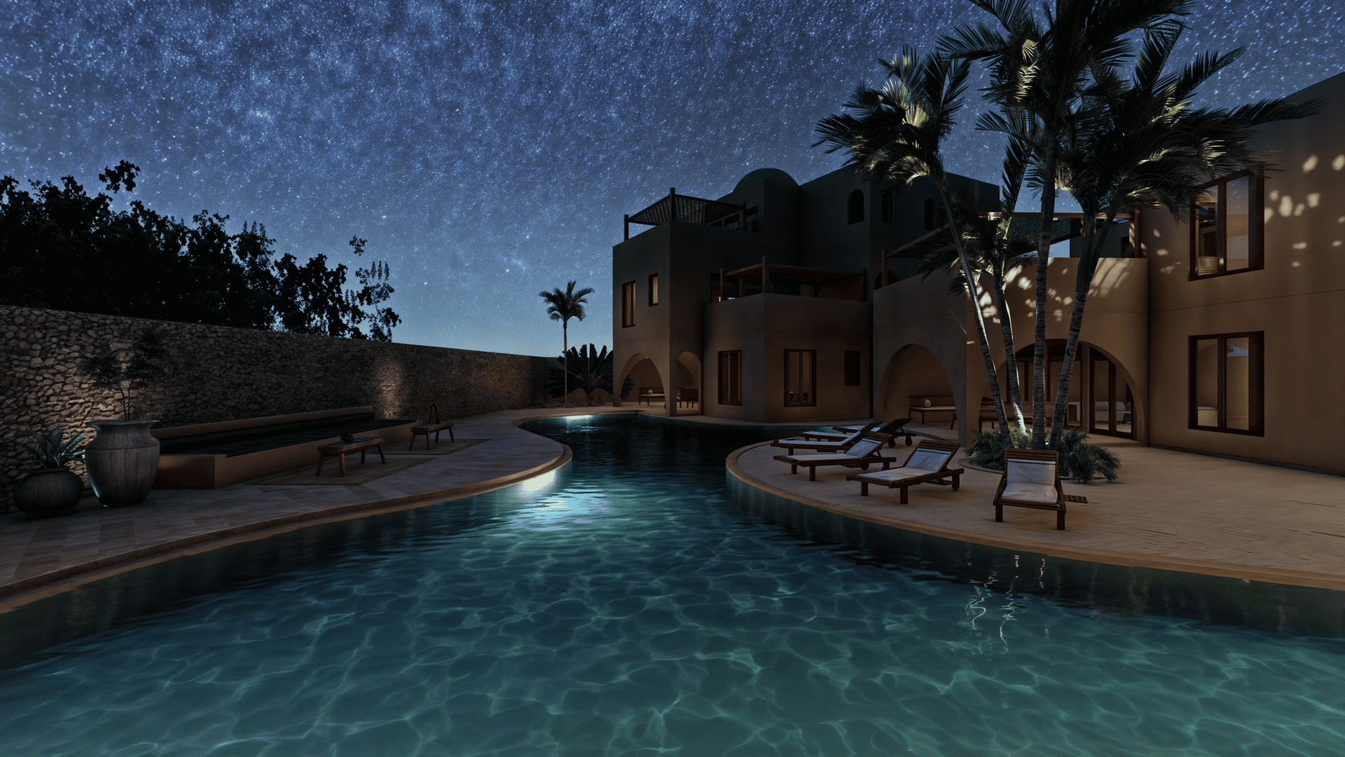 Atmospheric night views of Sunset Dream Watamu, featuring soft lighting around the pool and archways framing the starry sky. Details of the private terrace and an aerial layout of the complex.