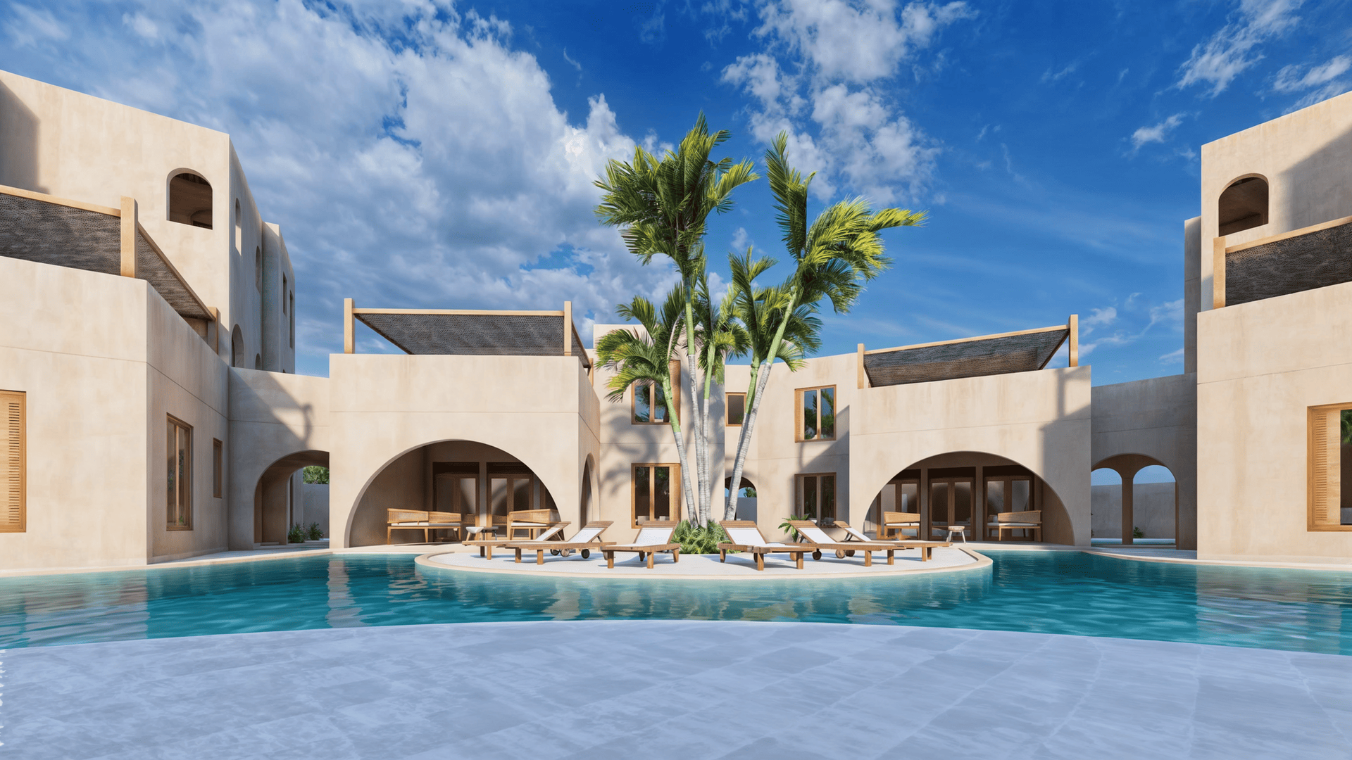 Rendering of the Sunset Dream Watamu residential complex with a central pool and Mediterranean-style apartments under construction. Bright, modern interiors: open-plan living area, cozy bedroom, elegant bathroom, and panoramic terrace.