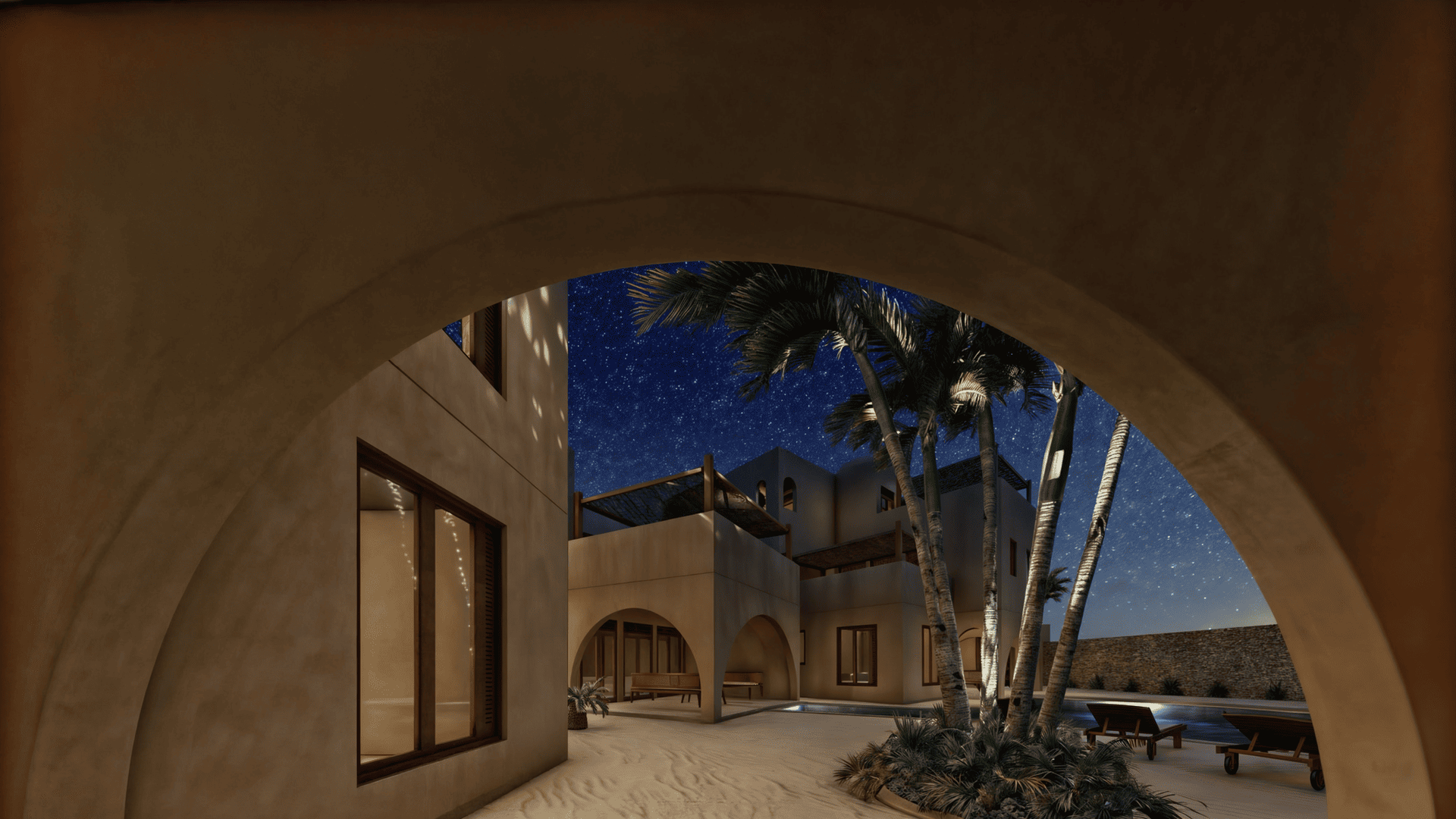 Atmospheric night views of Sunset Dream Watamu, featuring soft lighting around the pool and archways framing the starry sky. Details of the private terrace and an aerial layout of the complex.