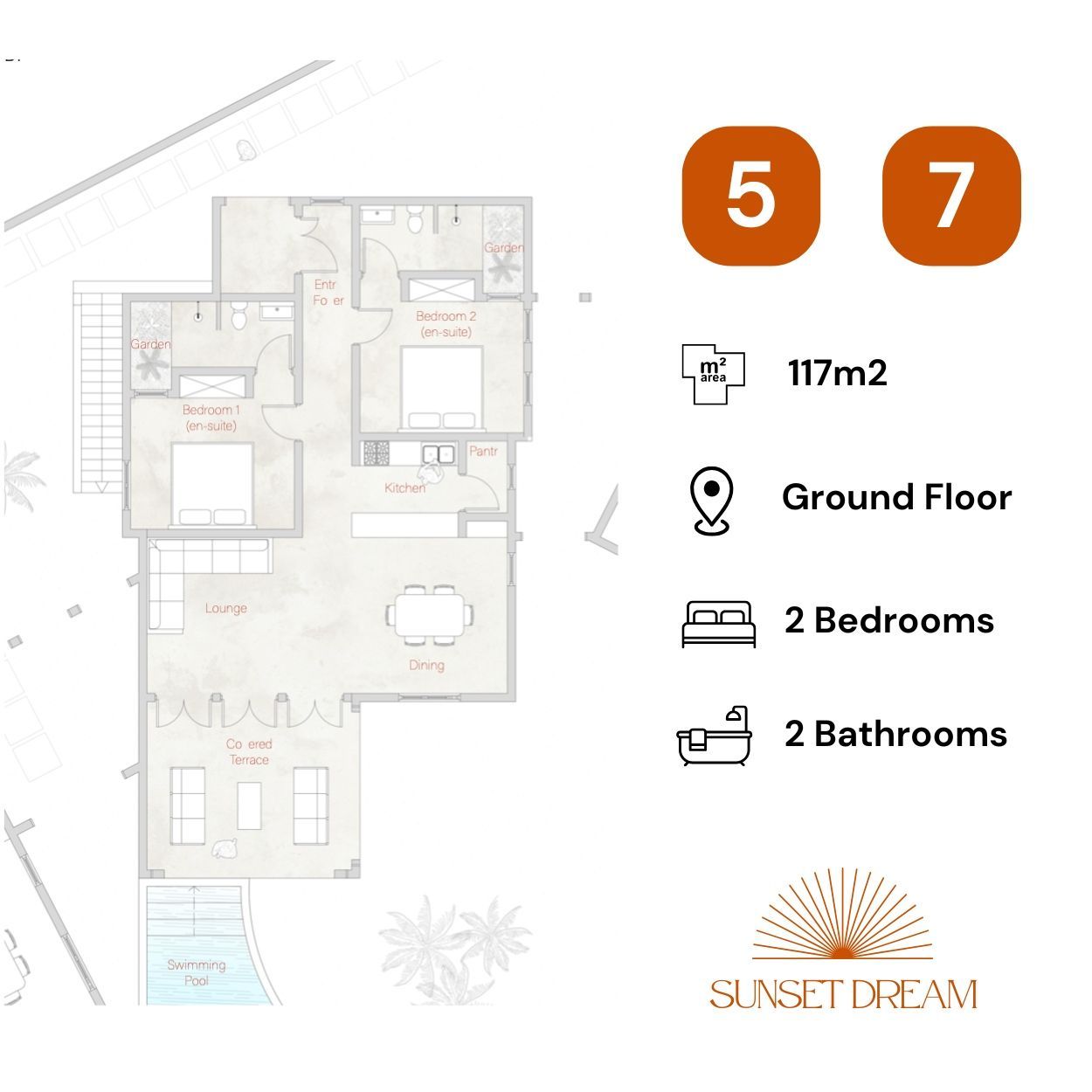 This thoughtfully designed floor plan offers a bright, open-concept living space ideal for vacation or long-term living. The layout includes:
• A spacious living and dining area that opens onto a private terrace — perfect for indoor-outdoor relaxation.
• A fully equipped kitchen, blending seamlessly with the living space.
• Two comfortable bedrooms, including a master suite with en-suite bathroom and built-in wardrobes.
• Two modern bathrooms, one of which is en-suite.
• Optional third bedroom or office in selected units.
• High ceilings and large windows for natural light and ventilation.