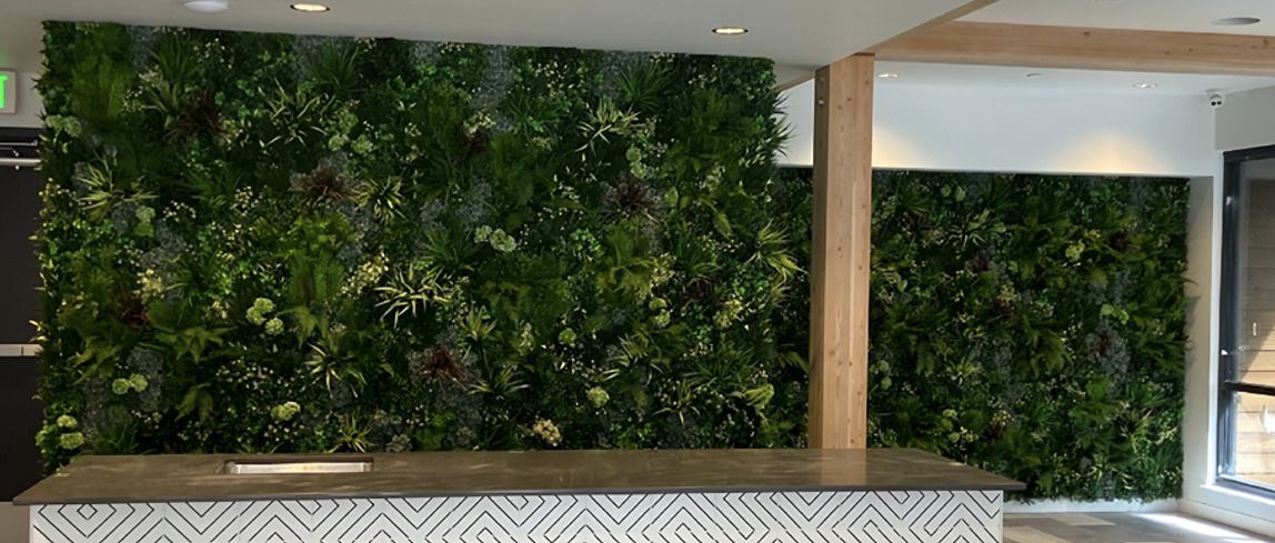 A reception desk with a green wall behind it.
