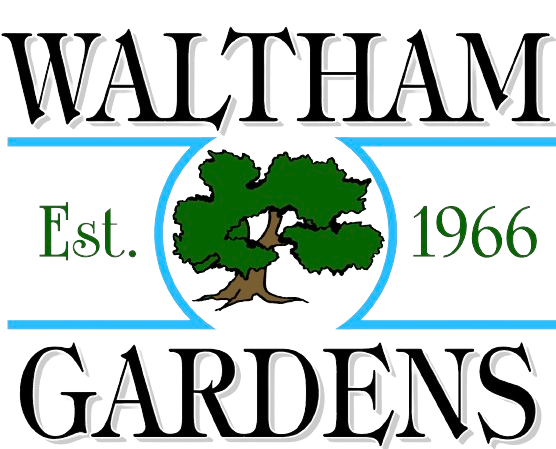 A logo for waltham gardens with a tree in the center