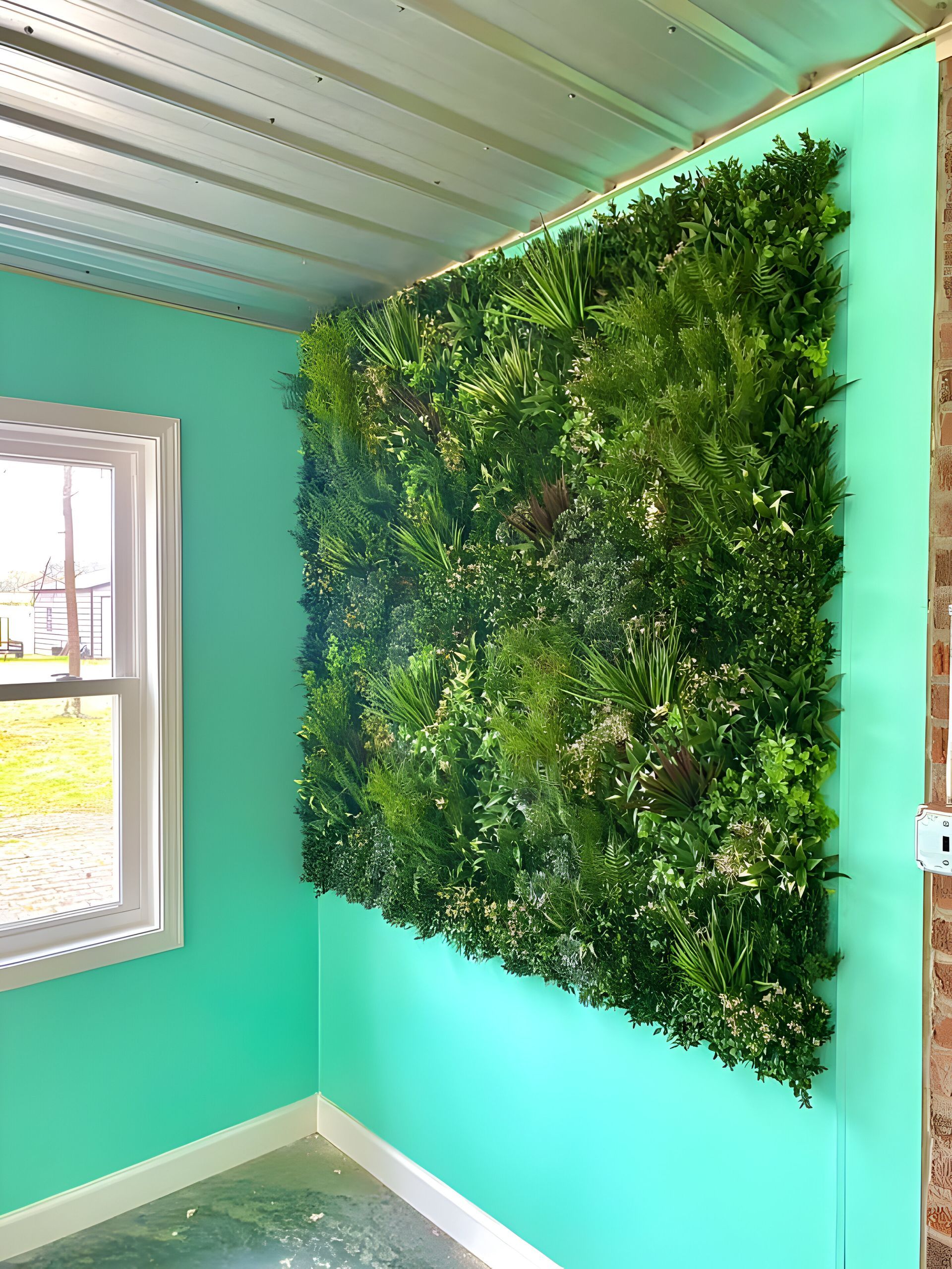 There is a green wall with a lot of green plants on it.