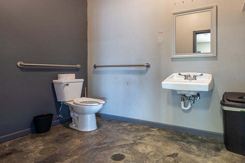 A bathroom with a toilet , sink and mirror.