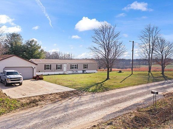 A white truck is parked in front of a mobile home on a dirt road.