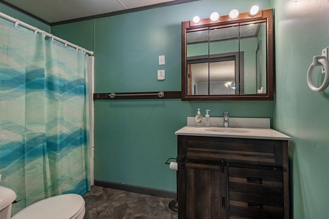 A bathroom with a toilet , sink , mirror and shower curtain.