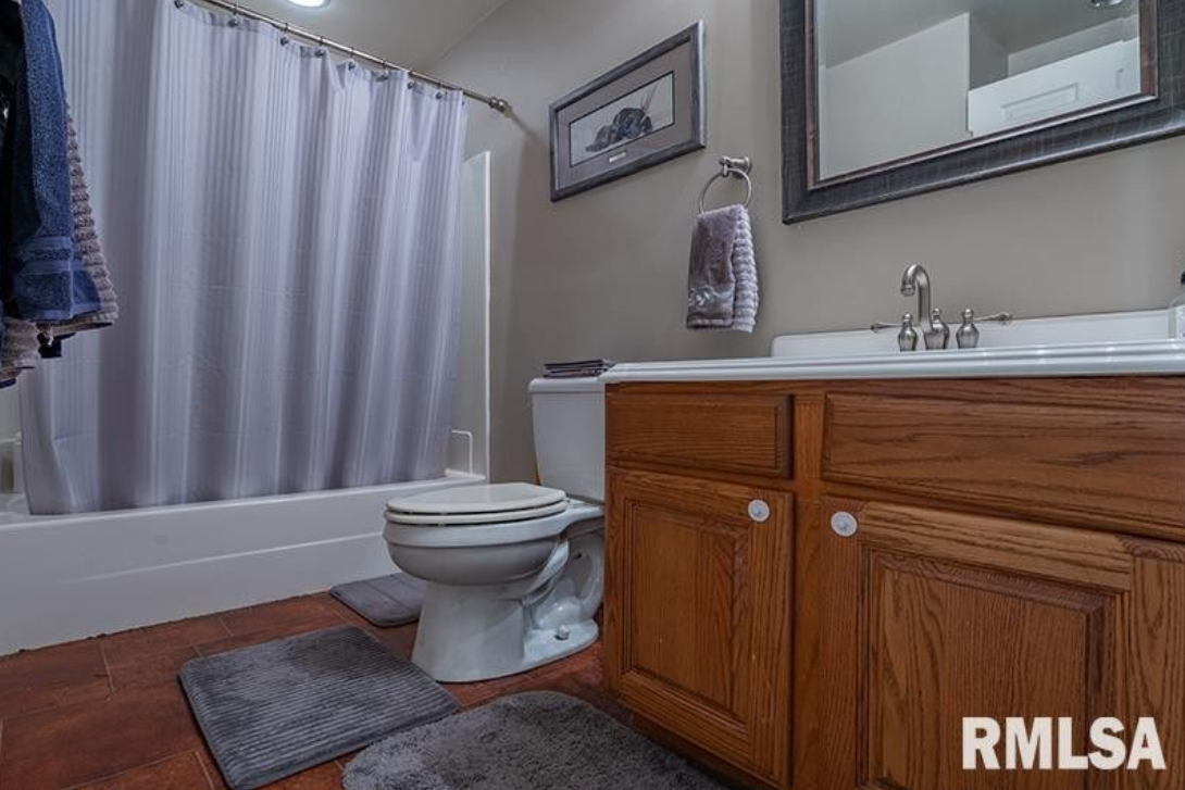 A bathroom with a toilet , sink , mirror and shower curtain.