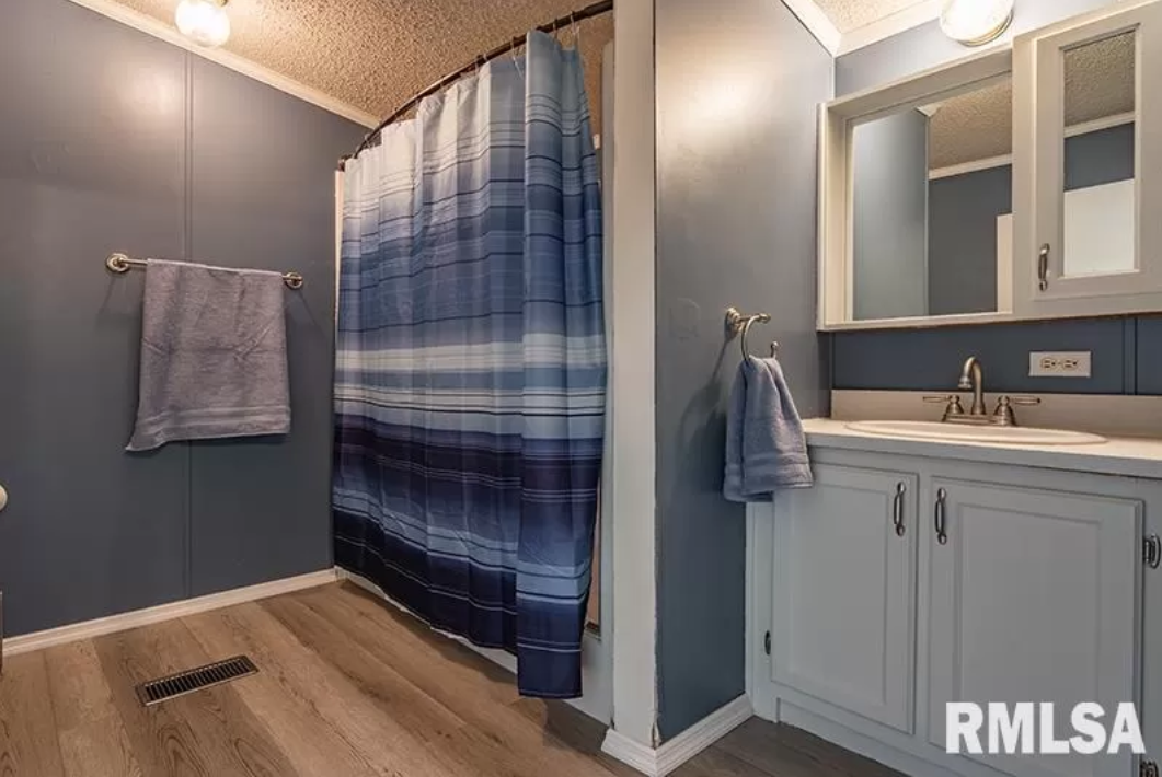 A bathroom with a shower curtain , sink and mirror.