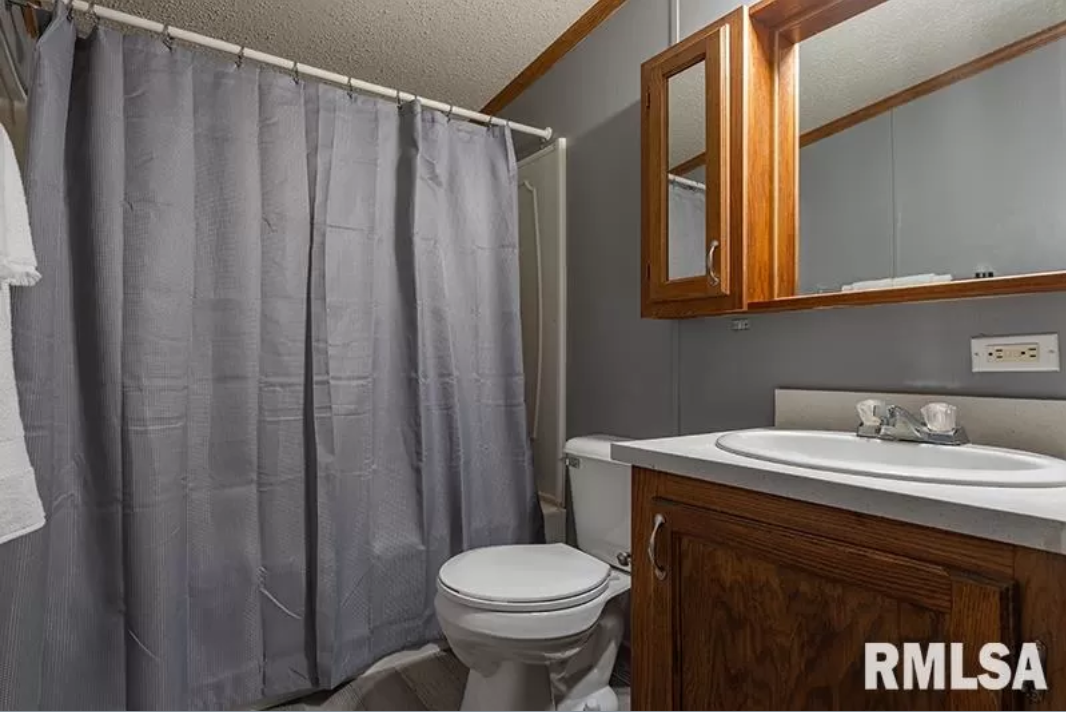 A bathroom with a toilet , sink , mirror and shower curtain.