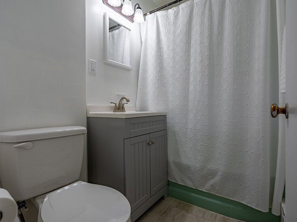 A bathroom with a toilet , sink , mirror and shower curtain.
