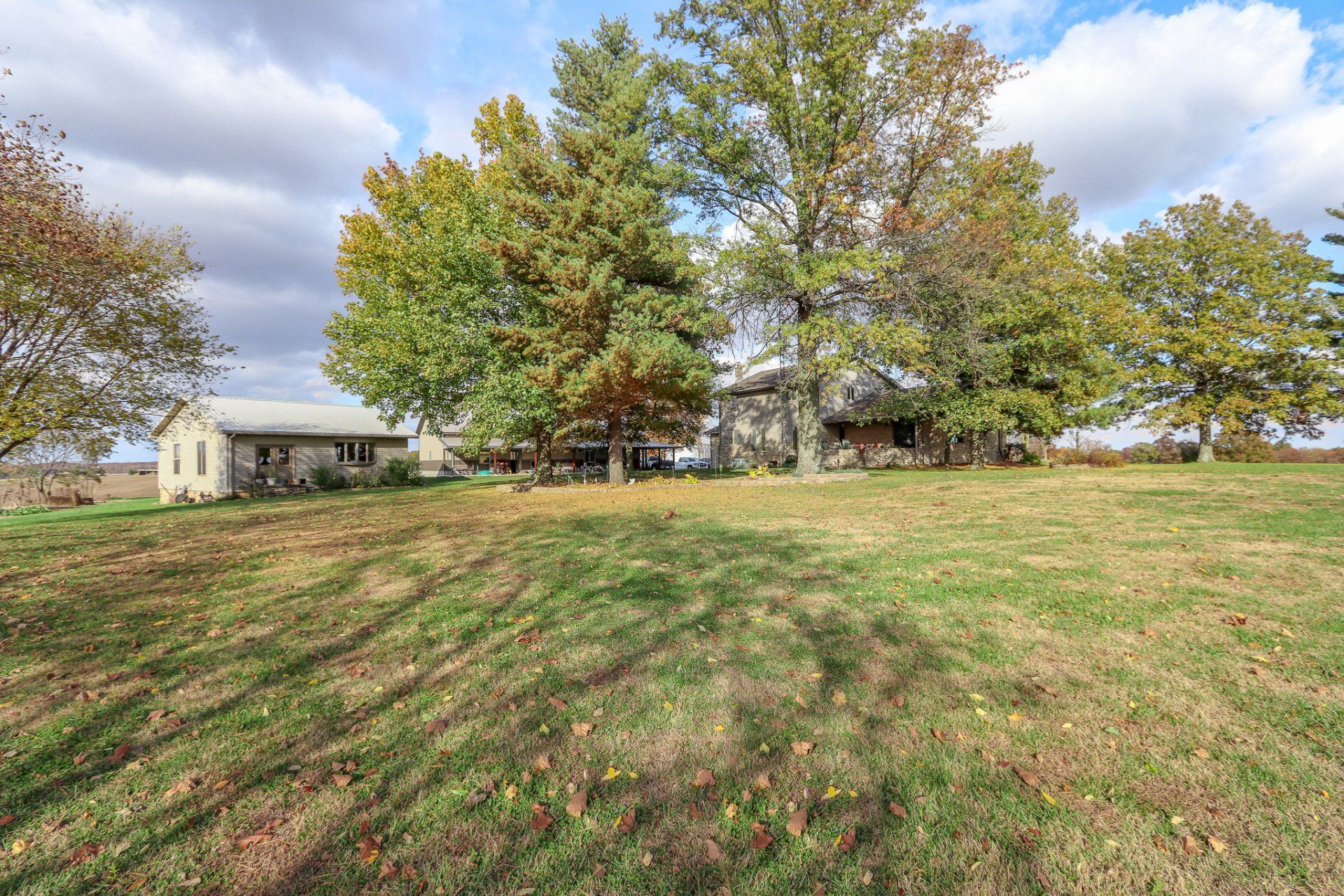A large grassy field with a house and trees in the background.