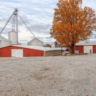 A farm with a red barn and a tree in the foreground.