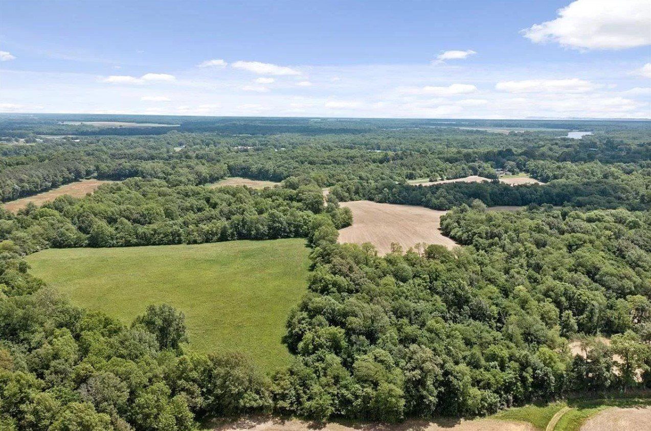 An aerial view of a field surrounded by trees and fields.