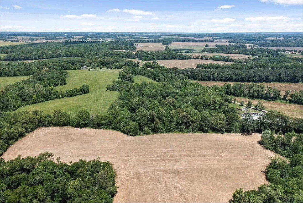 An aerial view of a lush green field surrounded by trees.
