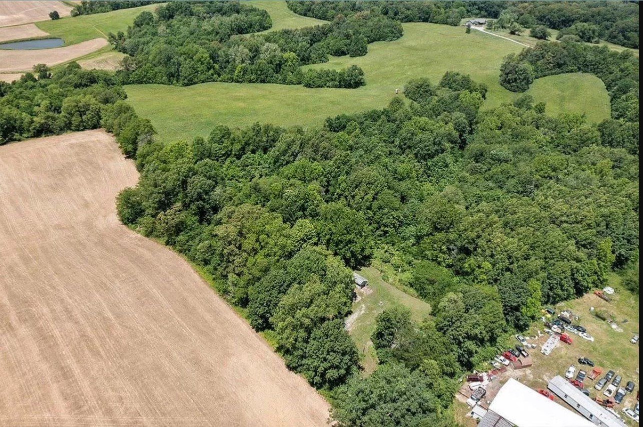 An aerial view of a lush green forest surrounded by fields