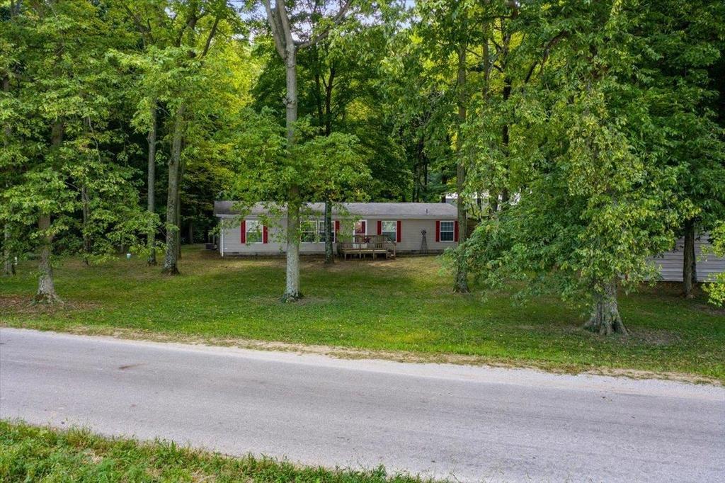 A house is sitting on the side of a road surrounded by trees.