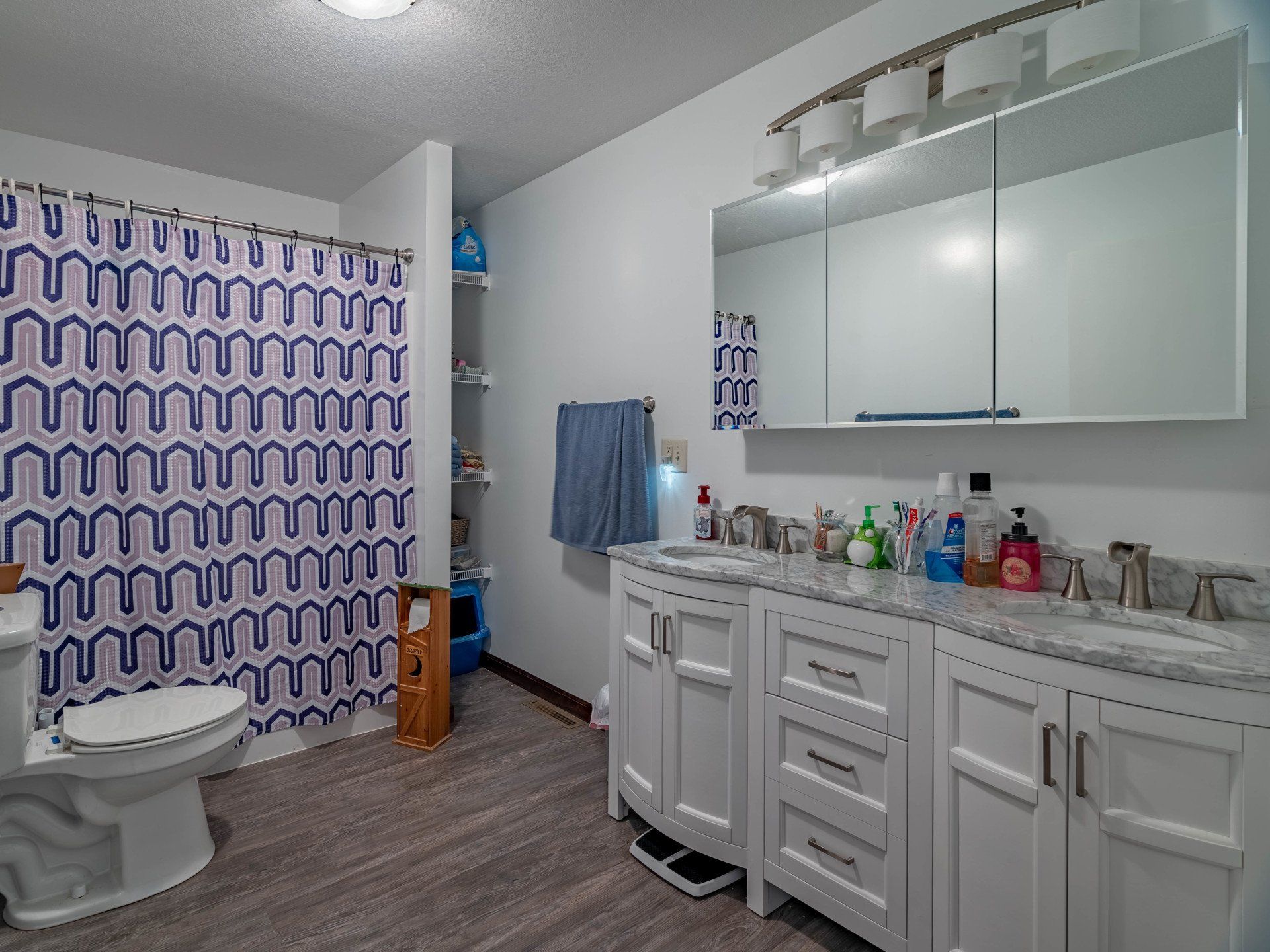 A bathroom with a toilet , sink , mirror and shower curtain.
