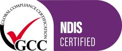 A purple sign that says ' Global Compliance Certification NDIS certified ' on it