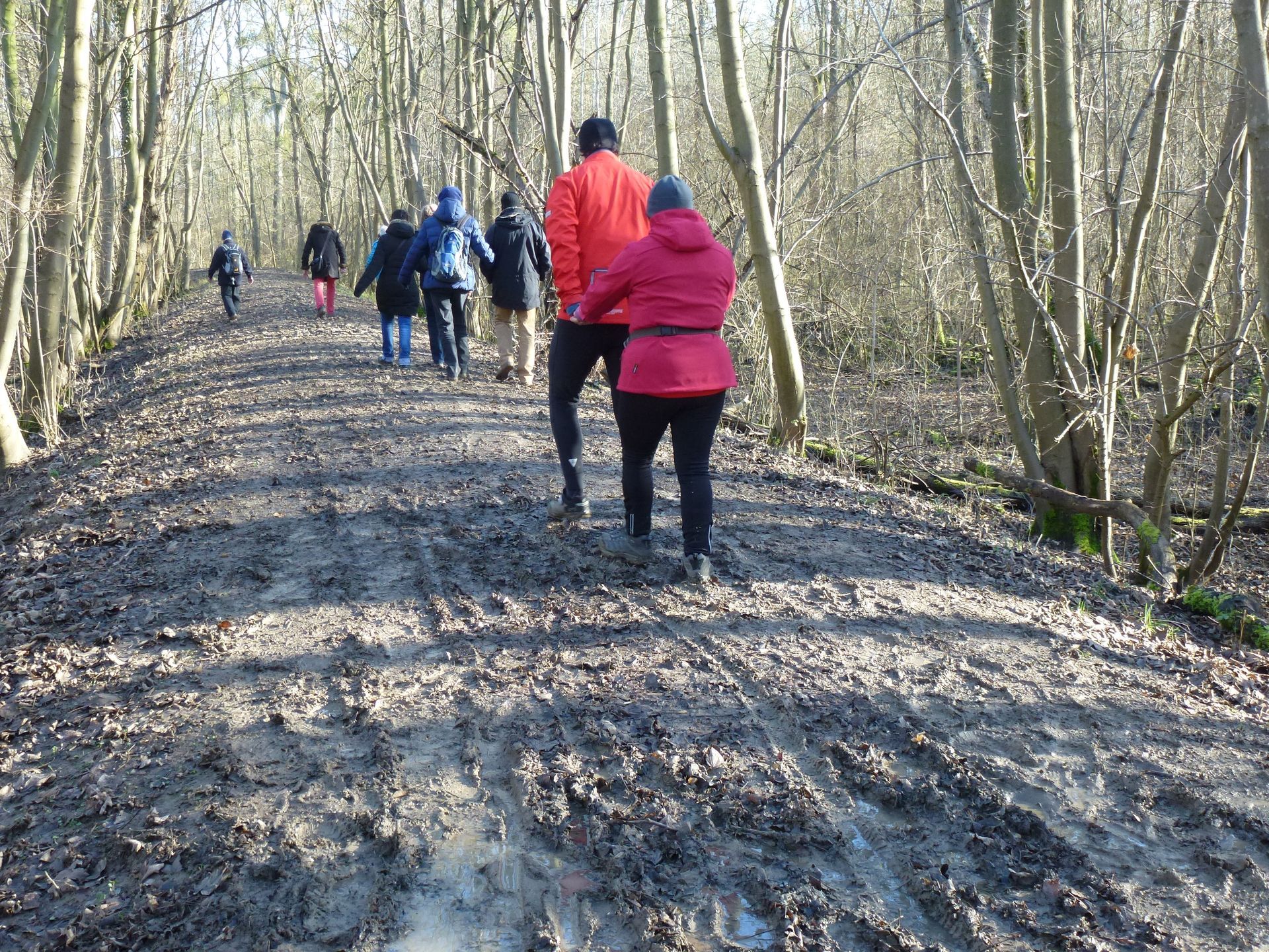 Eine Gruppe von Menschen geht einen schlammigen Pfad im Wald entlang.