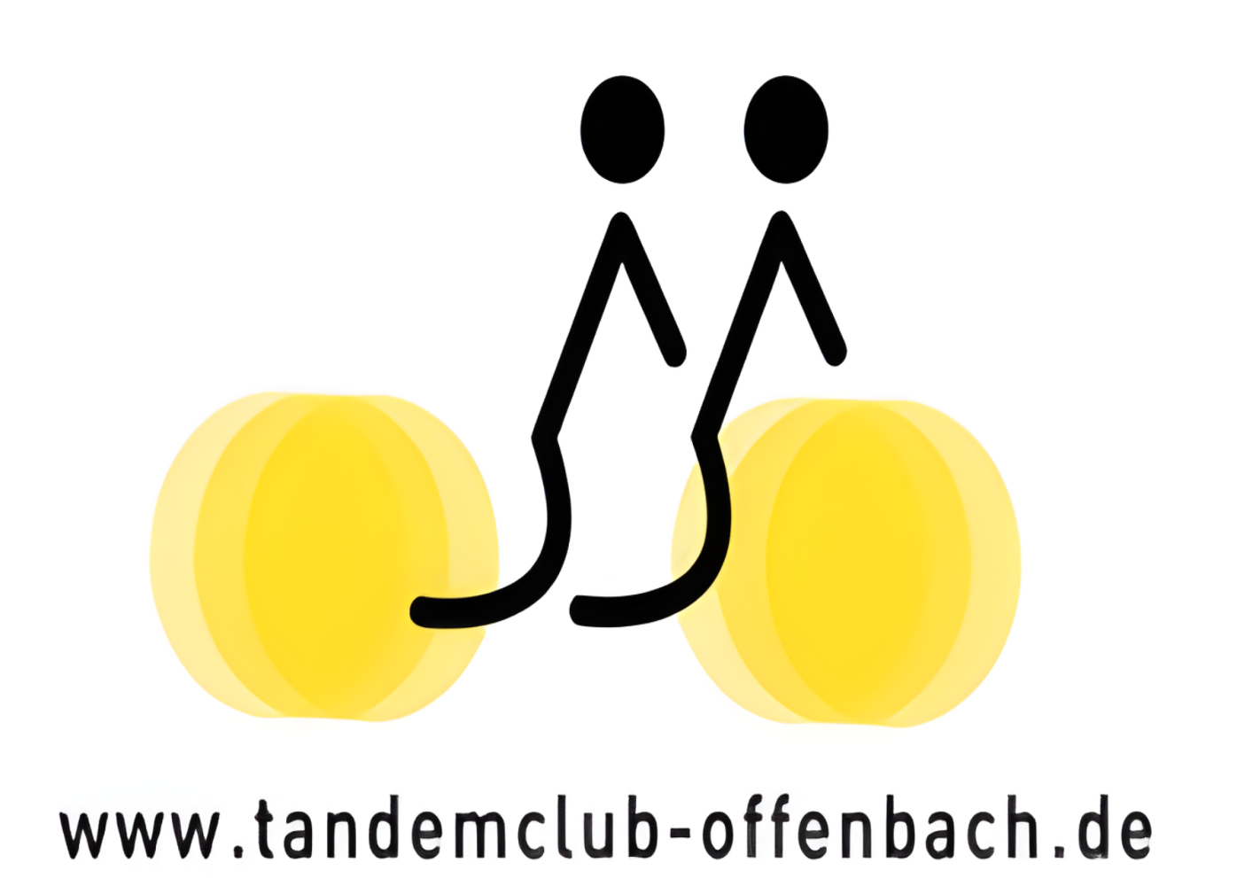 Das Logo des Tandem Club Offenbach zeigt zwei stilisierte, minimalistische Strichmännchen, die auf einem Tandem-Fahrrad nebeneinander sitzen. Die Räder des Fahrrads sind durch zwei gelbe, leicht verschwommene Kreise dargestellt. Unter dem Bild steht die Website-Adresse www.tandemclub-offenbach.de in schwarzer Schrift.