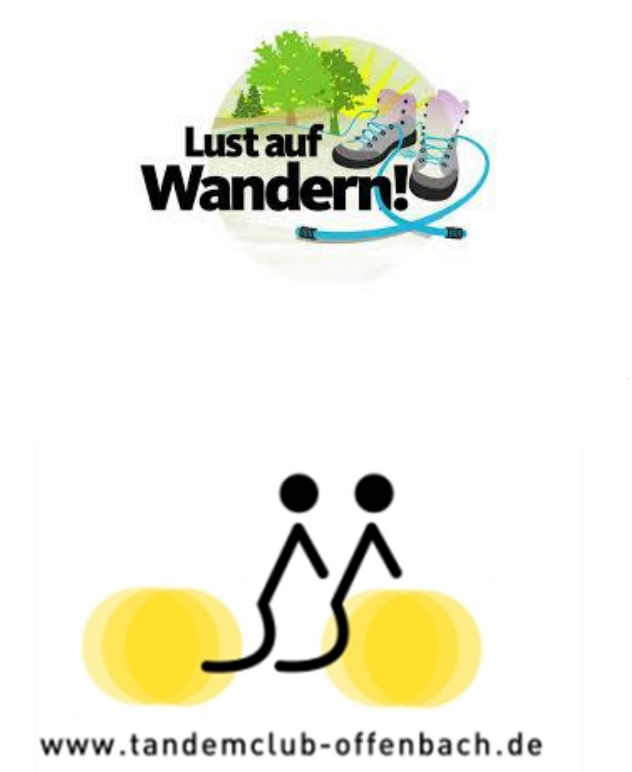 Oben eine Grafik mit der Aufschrift 'Lust auf Wandern!' und Wanderschuhen vor einem grünen Naturhintergrund. Unten das Logo des Tandemclubs Offenbach: Zwei stilisierte Figuren, die auf einem Tandemrad sitzen, dargestellt durch minimalistische Linien und gelbe Kreise als Räder. Darunter die Website-Adresse www.tandemclub-offenbach.de.