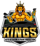 The logo for kings auto detailing and paint protection shows a lion holding a spray bottle.